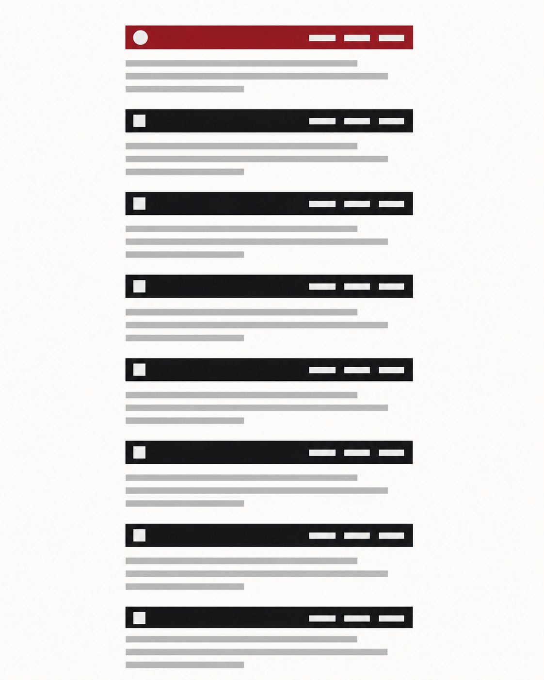 The same navigation bar, captured once per scroll step, running down the image like a flip book