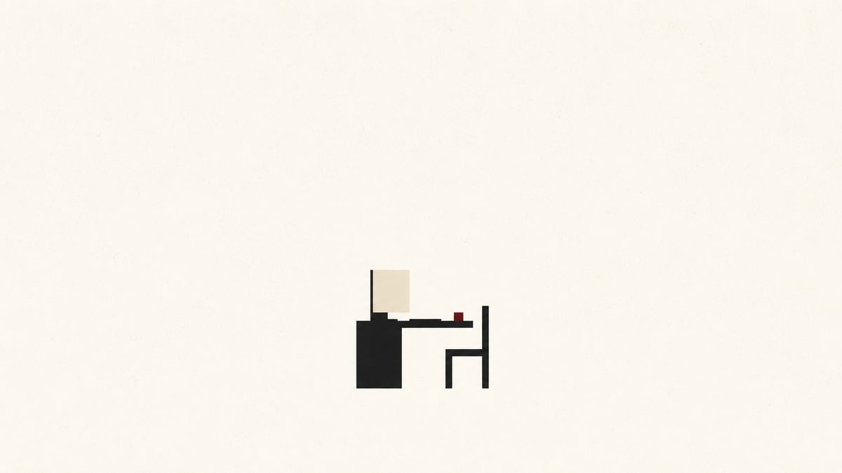 A single desk at night, drawn in flat geometric shapes.